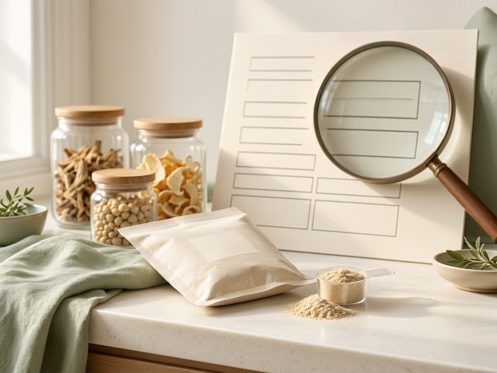Prebiotic fibre powder, scoop and ingredient jars on a warm white kitchen counter