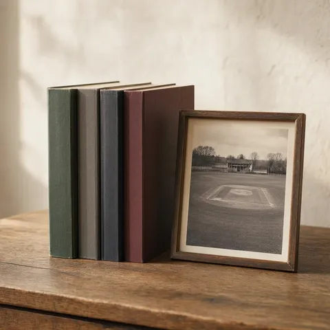 Stack of hardback books beside a framed vintage photograph of a cricket ground
