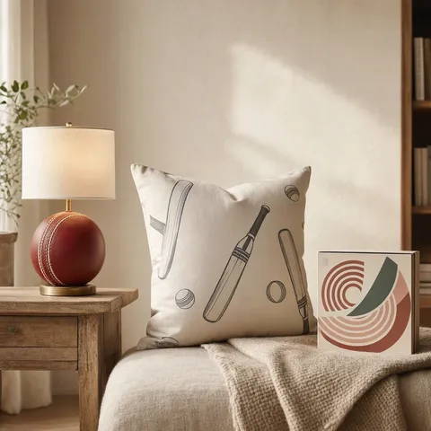 Living-room corner with a cricket-ball lamp, a cricket-print cushion and a board game