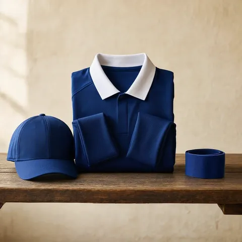 Folded blue cricket jersey with a matching cap and wristband