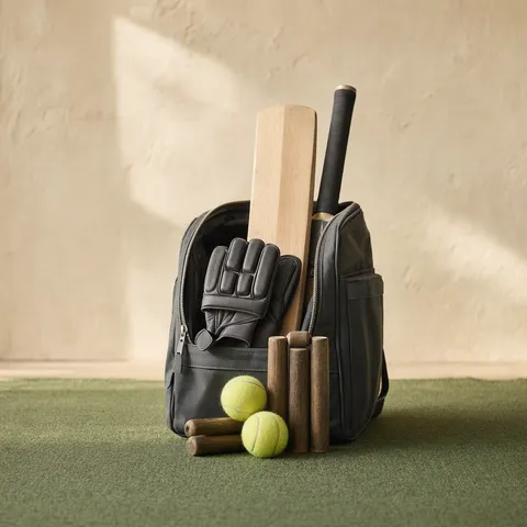 Cricket kit bag with a bat, batting gloves, stumps and tennis balls