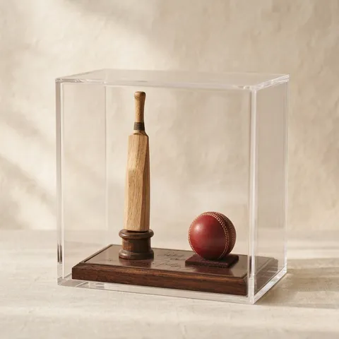 Miniature cricket bat and red leather ball in a clear display case