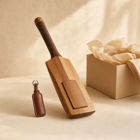 Wooden cricket bat with an engraving plaque, a bat-shaped leather keychain and a gift box