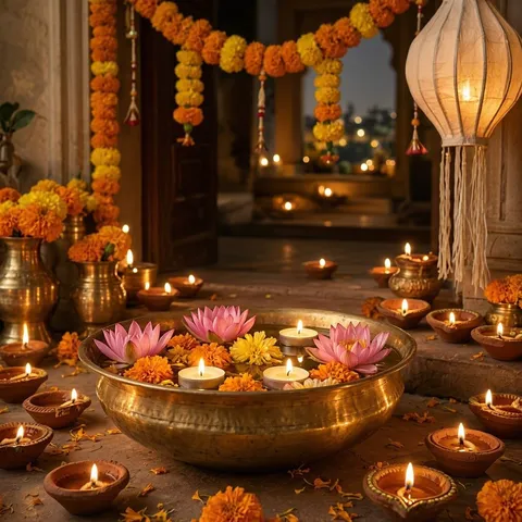 Clay and brass diyas, a paper lantern, a marigold toran and a brass urli with floating flowers