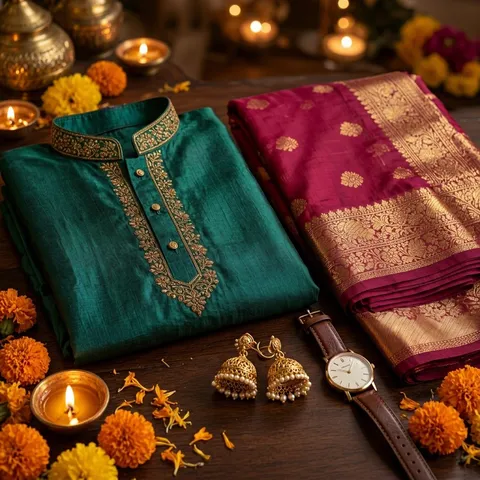 Folded silk kurta and saree in jewel tones with jhumka earrings and a wristwatch