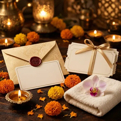 Gift envelope with a voucher card, a spa towel with an orchid and two event tickets