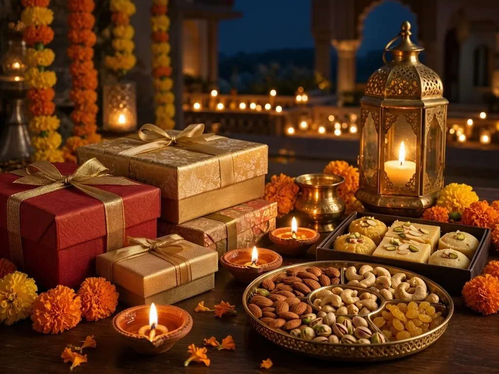 Diwali gift table with wrapped gift boxes, sweets, dry fruits, lit diyas and marigold garlands