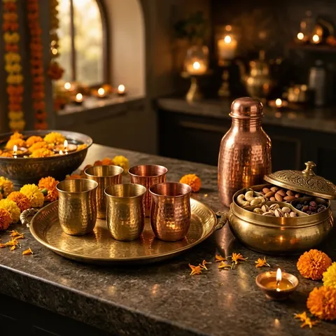 Brass and copper serveware with glasses, a dry fruit box and a copper water bottle