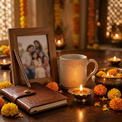 Wooden photo frame with a family photo, an engraved pen, a leather diary and a mug