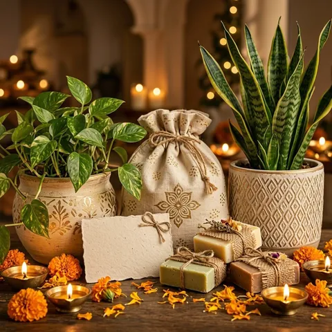 Potted money plant and snake plant with a cloth gift bag, seed paper card and handmade soaps