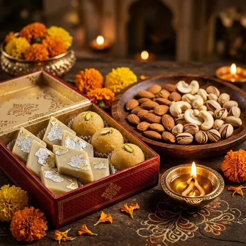 Box of Indian sweets beside a tray of almonds, cashews and pistachios with a lit diya