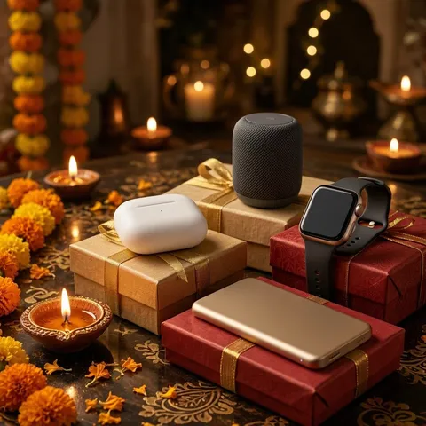 Gift-wrapped wireless earbuds, a smartwatch, a Bluetooth speaker and a power bank beside a diya