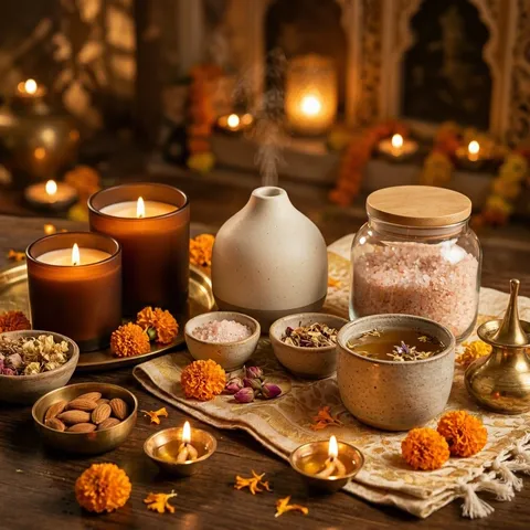 Scented candles, an oil diffuser, a jar of bath salts and a cup of herbal tea